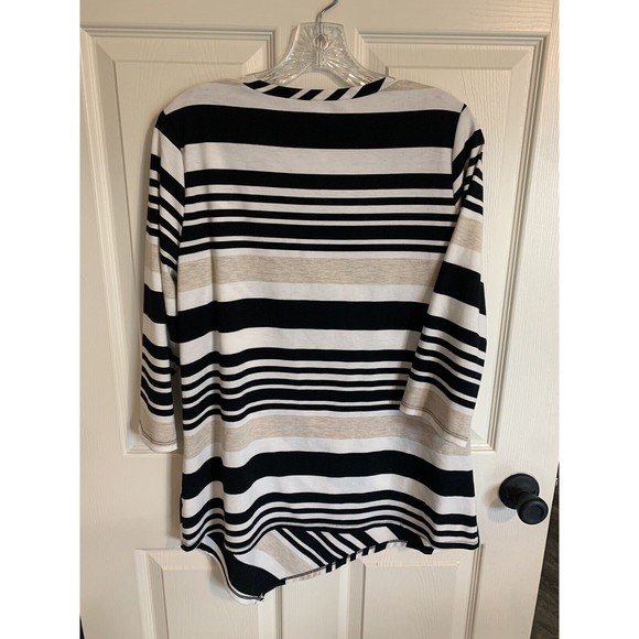NY COLLECTION Sz L Black/White/Taupe Asymmetrical Front Striped Blouse - Picture 4 of 9